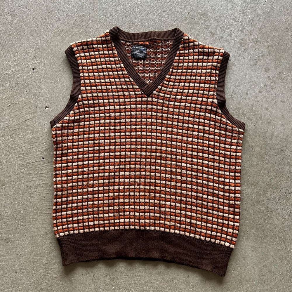 Vintage 70s JCPenney Towncraft Sweater Vest Size XL Brown Orange Striped Knit